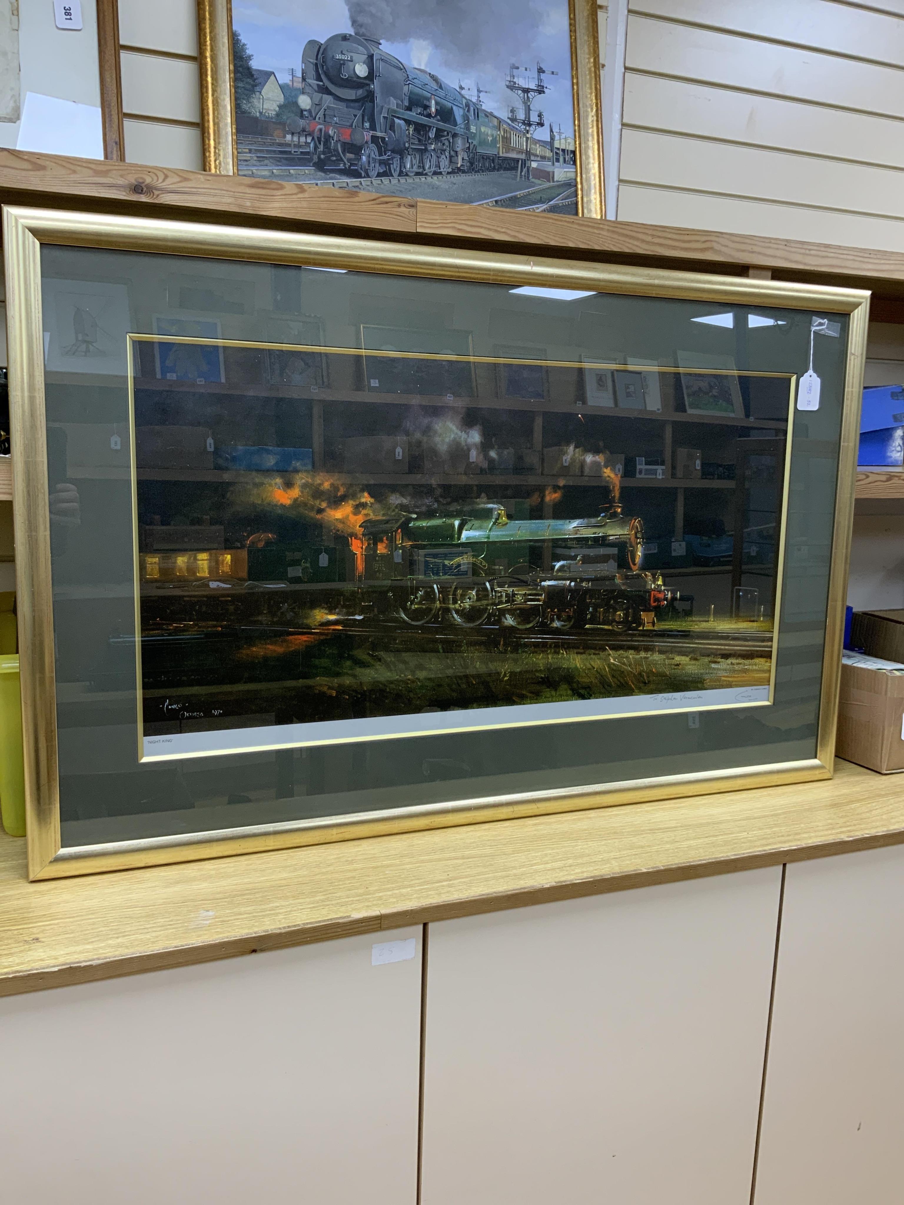 Terrence Cuneo, a signed framed railway print; ‘Night King’, of GWR King class 4-6-0 tender locomotive, King George V, running at night, signed in pencil with dedication within the margin, overall dimensions; 73.5 x 115.